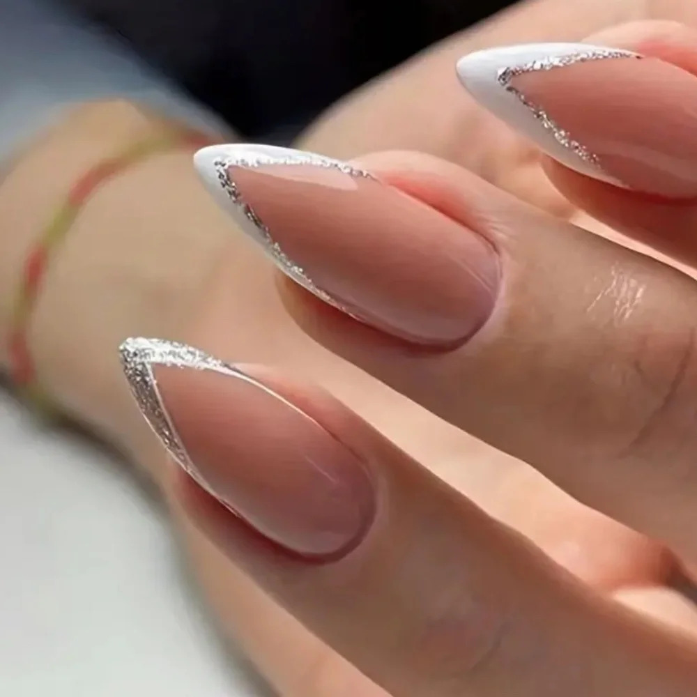 #28 Women’s Glossy almond shape French tip press on fake nails
